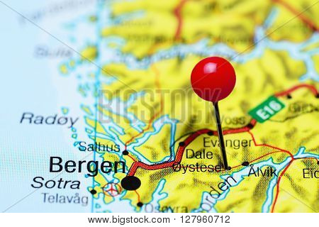 Oystese pinned on a map of Norway