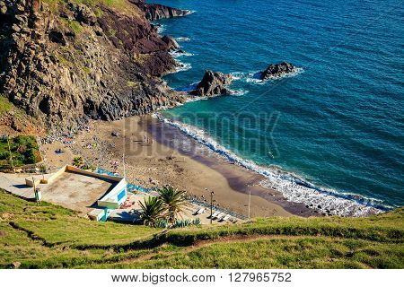 volcanic sand beach Prainha at the eastern part of Madeira Portugal