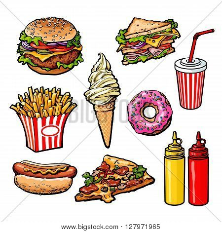 set fast food meal, sketch hand-drawn elements of fast food, ice cream burger, sandwich, soda lemonade, ponchos, pizza hot dog french fries, sauces, ketchup and mustard, fast food ready icons