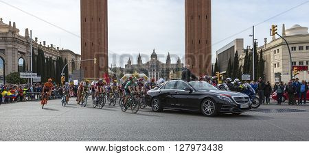 Barcelona Spain - March, 27 2016: The peloton at the start of the last stage of Volta Ciclista a Catalunya 2016 in Montjuic Bracelona Spain on March 27 2016.