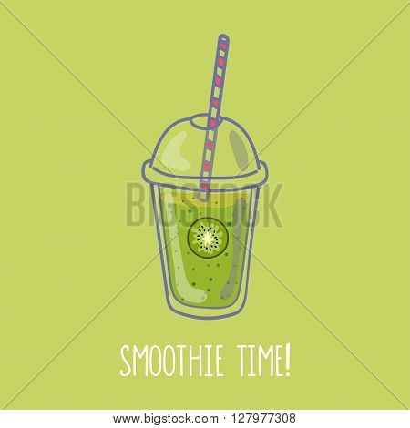 Illustration of cup to go smoothie with kiwi fruit and Smoothie time lettering on a green background