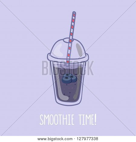 Hand drawn smoothie to go cup with blueberry illustration and smoothie time lettering