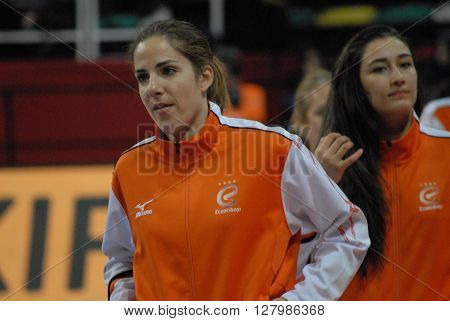 ANKARA/TURKEY-April 30, 2016: Eczacibasi Vitra Volleyball Team's players at the Baskent Volleyball Hall during the Volleyball Women 1st Laegue of Turkey Final Four matches. April 30, 2016-Ankara/Turkey