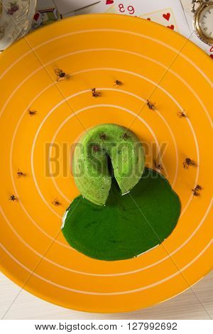petit gateau with green sava ant. gourmet dessert