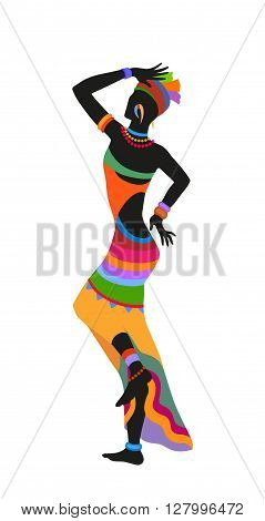 African woman dancing ritual dance in the bright national costume