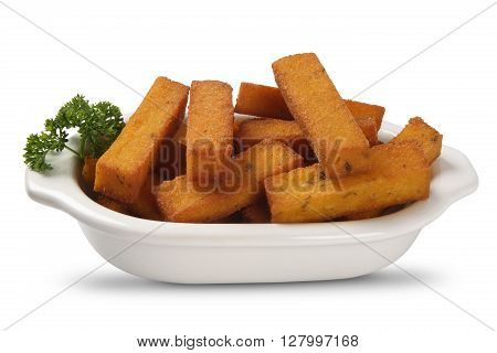 Fried polenta served as a snack on white background.