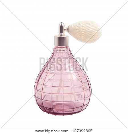 Vintage pink perfume spray bottle with pump isolated on white background