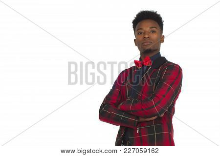 Young Man Crossed Arms Plaid Jacket Bowtie Studio White Background