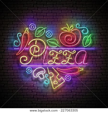 Italian Pizza Heart Signboard. Cheese, Mushroom, Basil, Tomato, Pepper. Shiny Neon Light Poster, Fly