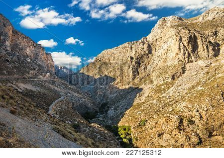 Kourtaliotis Gorge In Crete Island. Beautiful View Of Kourtaliotiko Gorge, The Crackling Gorge In En