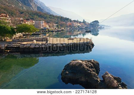 Rugged Coastline Of Kotor Bay  Near Dobrota Town.  Montenegro, Winter