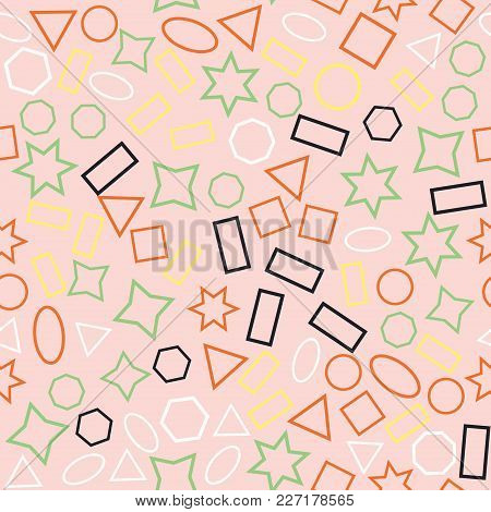 Abstract Colored Seamless Background Of Circles, Squares, Triangles, Stars And Rectangles. Multicolo