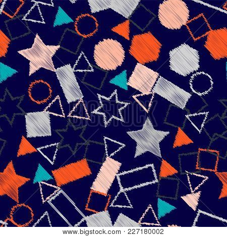 Abstract Colored Seamless Background Of Circles, Squares, Stars And Rectangles. Multicolored Doodles