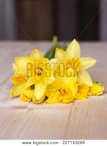 Beautiful Bouquet Of Yellow Narcissus Flowers On Wooden Table.