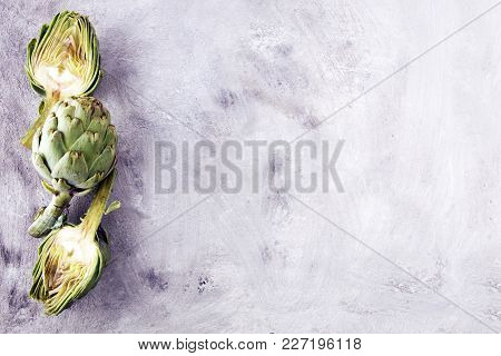 Artichokes On Grey Background. Fresh Organic Artichoke Flower