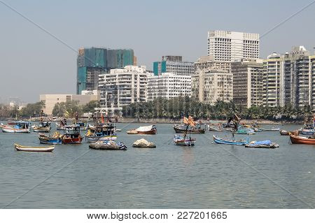 Mumbai, India - February, 25th, 2017. City View And Boats As Seen From The Colaba District