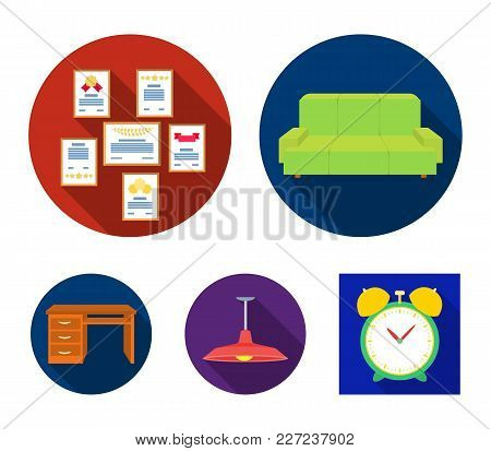 Comfortable Sofa, Letters And Diplomas Within The Framework, An Office Ceiling Lamp, A Desk With Dra