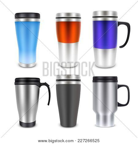Thermo Cup Travel Mug Mock-up Set. Vector Realistic Illustration Isolated On White Background.