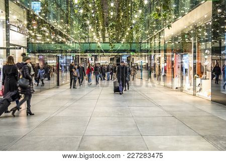 Munich, Germany - February 15 2018: People Shopping In A Typical German Shopping Mall Called Fuenf H