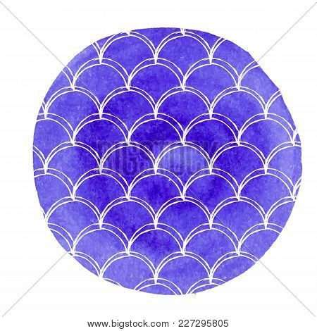 Watercolor Mermaid Background. Hand Drawn Round Backdrop With Fish Scale Ornament. Bright Colors. Wa