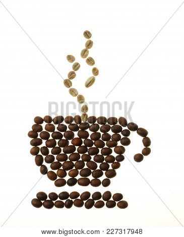 Coffee Cup, Saucer And Steam, Made Of Beans
