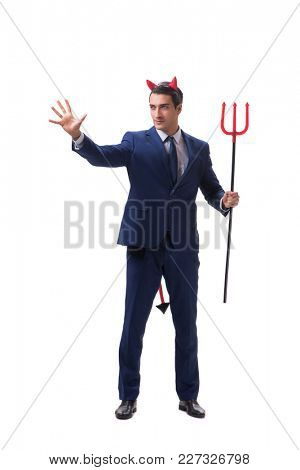 Evil devil businessman with pitchfork isolated on white backgrou
