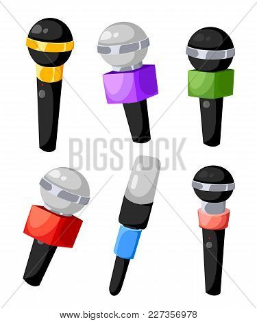 Set Of Microphones Of Different Colors For Tv Or Radio Of Air Microphones For The Press Of Different