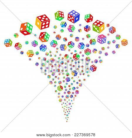 Multi Colored Dice Burst Fountain. Object Fountain Created From Random Dice Symbols As Fireworks. Ve