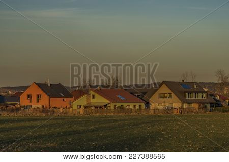 Sunset Near Ceske Budejovice City In Winter Evening