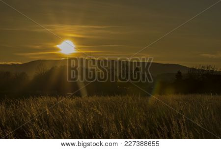 Sunset Near Ceske Budejovice City In Winter Evening