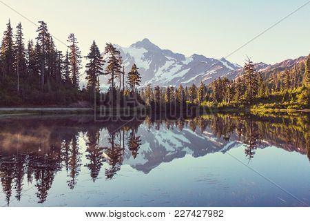 Scenic Picture lake with mount Shuksan reflection in Washington, USA
