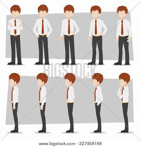 Set Of Business Characters Young Handsome Smart Businessman Standing Flat Design In Front View On Wh