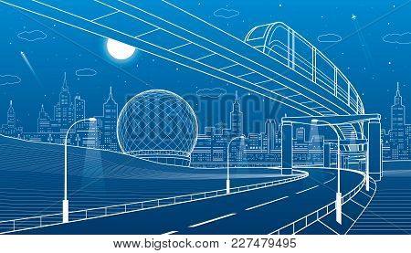 Monorail Railway. Illuminated Highway. Transportation Urban Illustration. Skyline Modern City At Bac