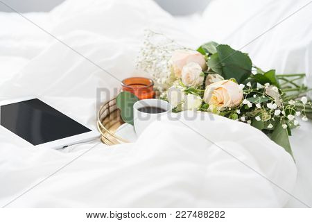 Peach, Cream Anf Fresh Fgrinnery Bouquet For Wedding Day