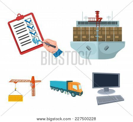 Sea Freight, Signature Of Delivery Documents, Truck, Tower Crane With A Container. Logistics And Del