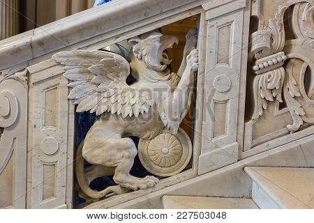 St. Petersburg, Russia - August 26, 2017: Marble Staircase Railing In Vladimir Palace. Vladimir Pala