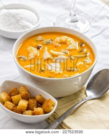 Delicious Seafood Chowder Served With Bread Croutons.