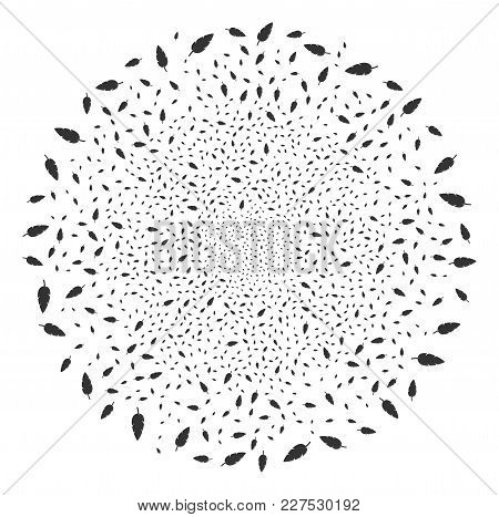 Feather Fireworks Circle. Object Pattern Created From Scattered Feather Design Elements As Burst Cir