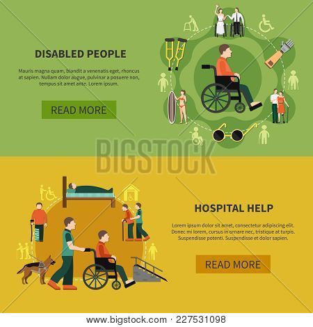 Two Flat Horizontal Disabled Person Banner Set With Hospital Help And Disabled People Descriptions V
