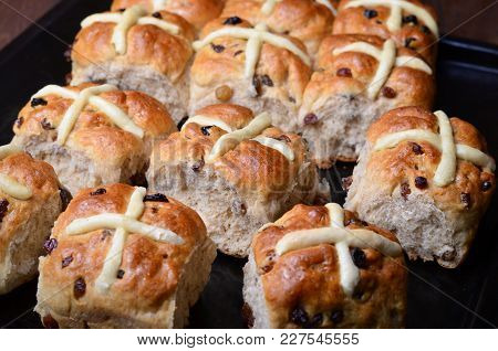 Homemade Easter Hot Cross Buns On Dark Background