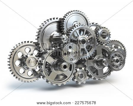 Engine gears in form of cloud isolated on white.  Cloud computing and networkin concept. 3d illustration
