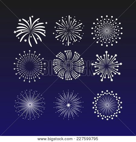 A Lot Of Beautiful Fireworks. Bright Romantic Firework On A Dark Blue Background. Light Love Decorat