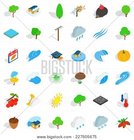 Natural Land Icons Set. Isometric Set Of 36 Natural Land Vector Icons For Web Isolated On White Back