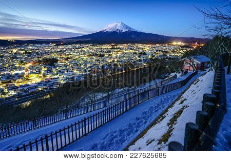 Mt Fuji And Fujiyoshida City At Twilight, Japan