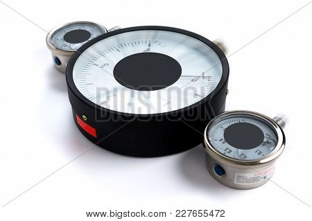 Close-up Pressure Sensors In The Pipeline - Mono-meters. Three Monometers Of Different Sizes On A Wh