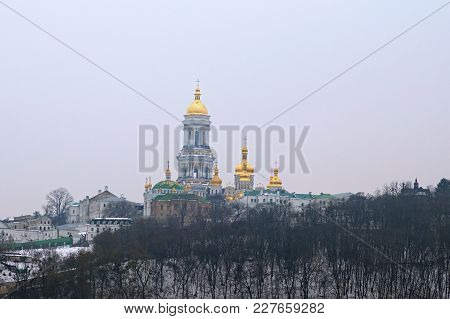 Kyievo-pechers'ka Lavra And Belltower On Blue Sky Background. It Is A Historic Orthodox Christian Mo