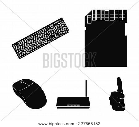 Router, Computer Mouse And Other Accessories. Personal Computer Set Collection Icons In Black Style 