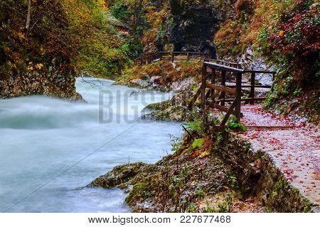 Wonderful Vintgar Gorge Canyon At Curlicue River And Beautiful Autumn Colors And Close To Lake Bled