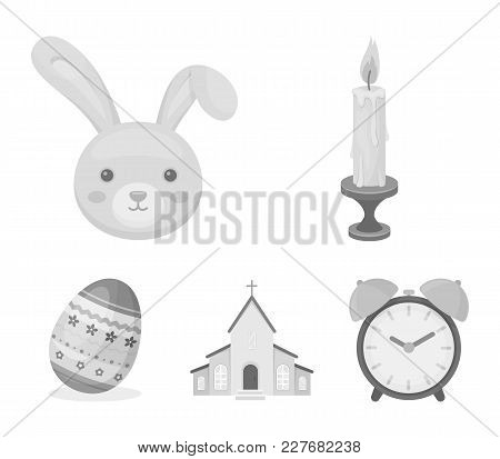 Church, Candle, Easter Bunny And Painted Egg.easter Set Collection Icons In Monochrome Style Vector 