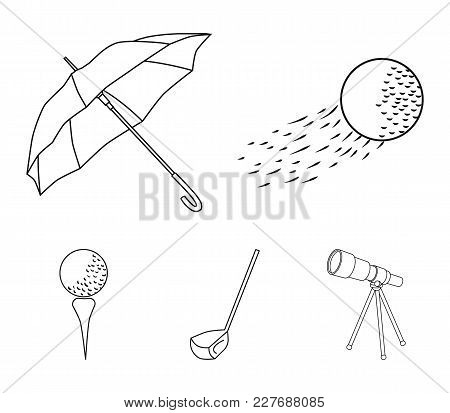 A Flying Ball, A Yellow Umbrella, A Golf Club, A Ball On A Stand. Golf Club Set Collection Icons In 